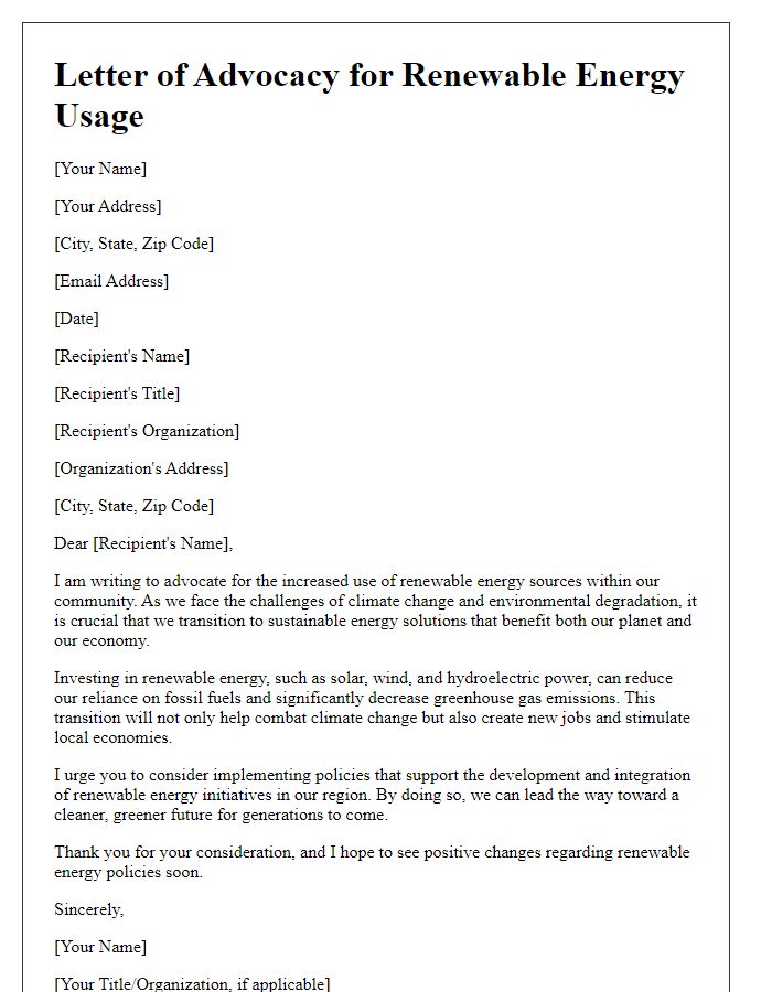 Letter template of advocacy for renewable energy usage