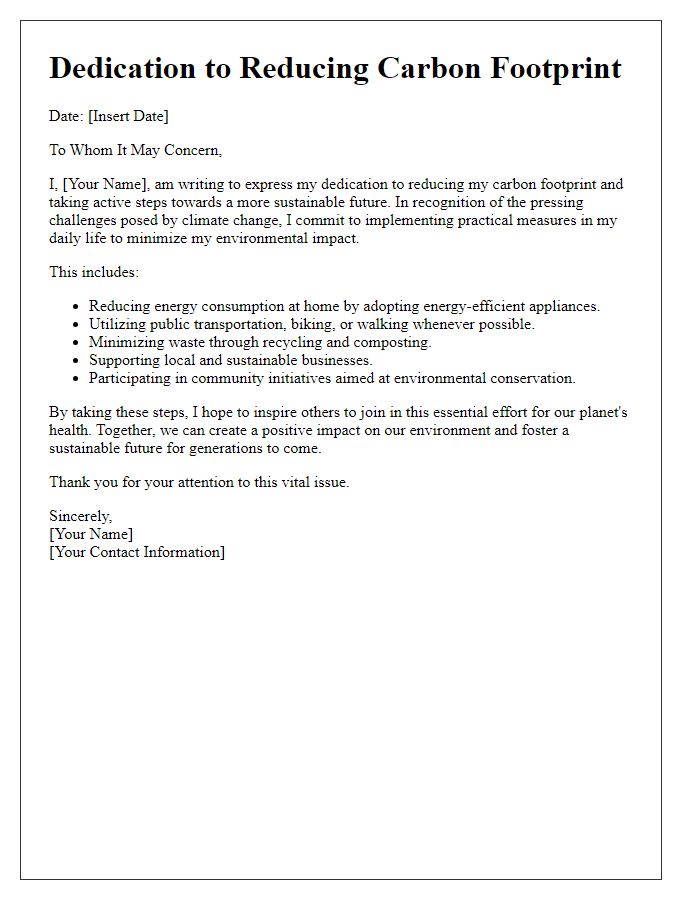 Letter template of dedication to reducing carbon footprint