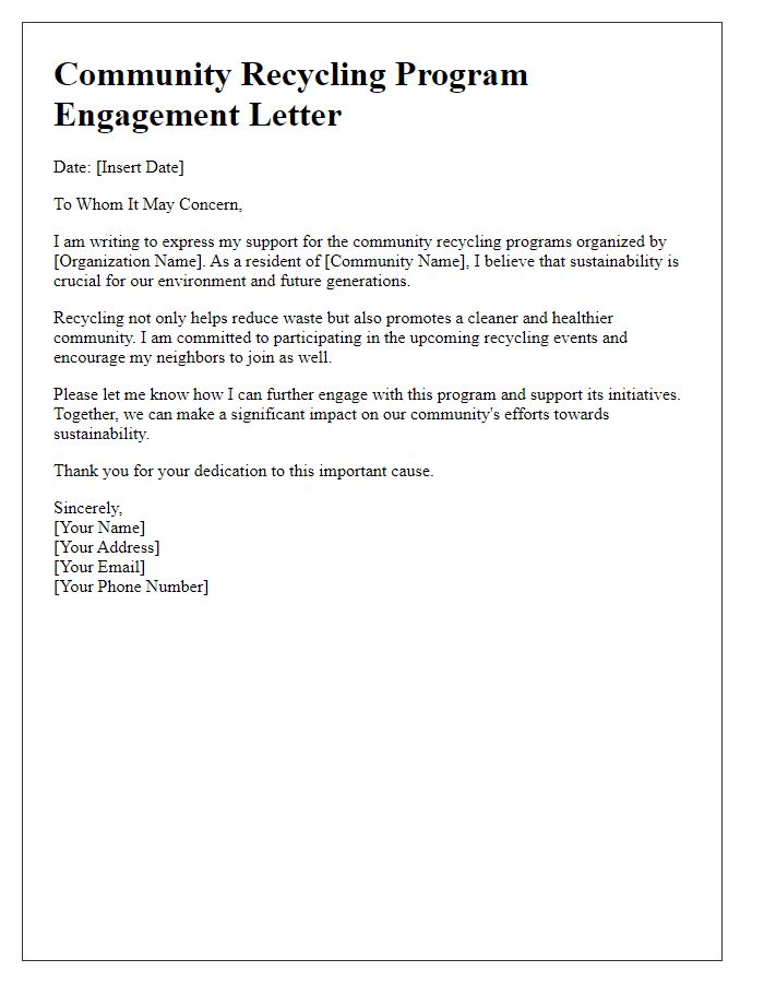 Letter template of engagement in community recycling programs