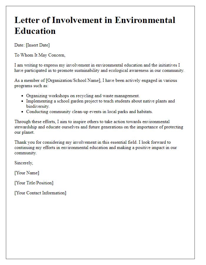 Letter template of involvement in environmental education