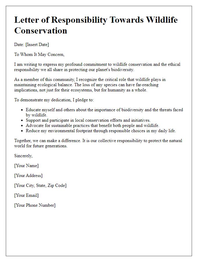 Letter template of responsibility towards wildlife conservation