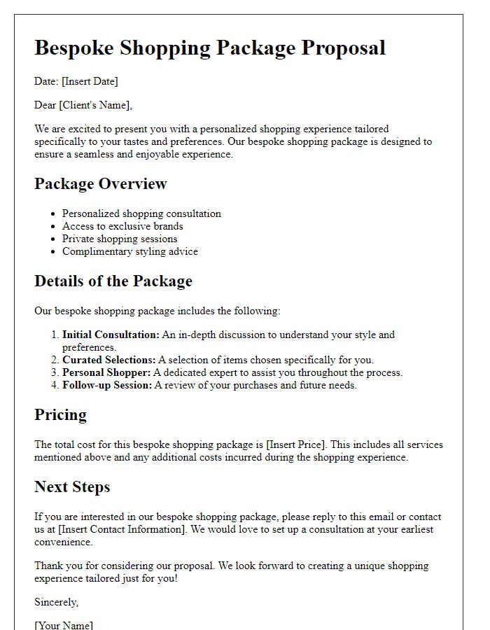 Letter template of bespoke shopping package proposal