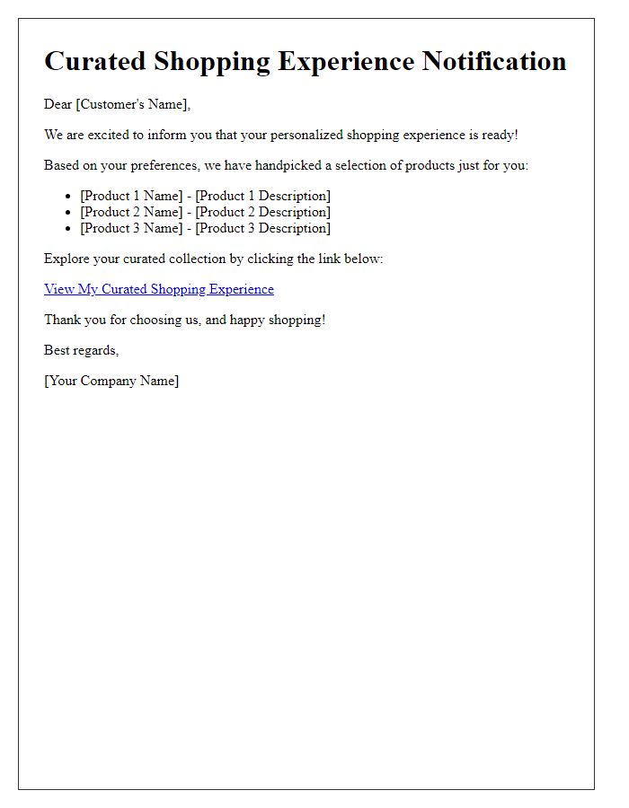 Letter template of curated shopping experience notification