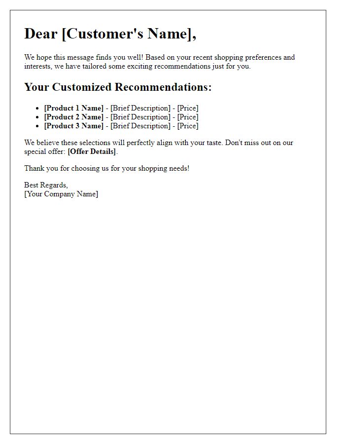 Letter template of customized shopping recommendations