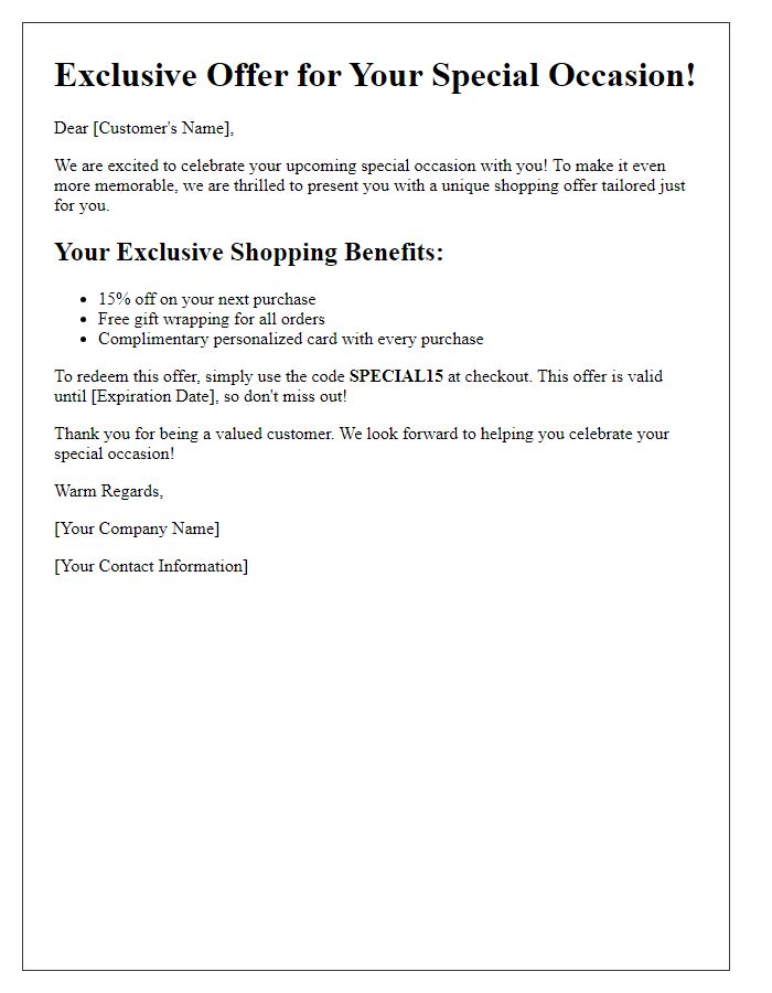 Letter template of unique shopping offer for special occasions