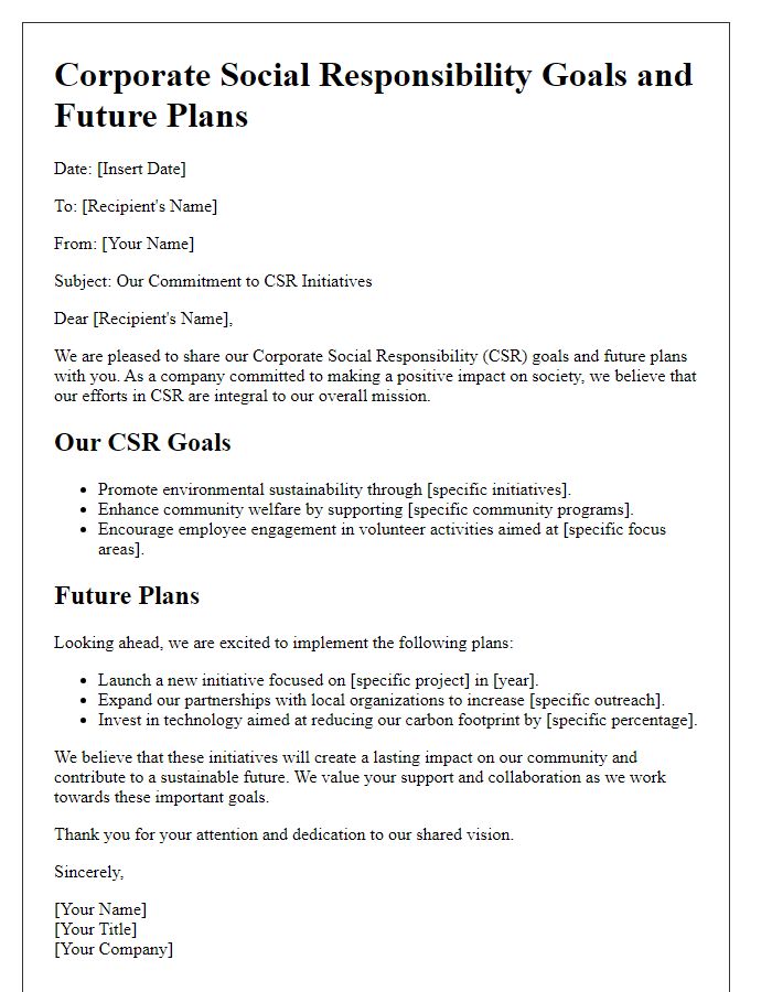 Letter template of CSR goals and future plans