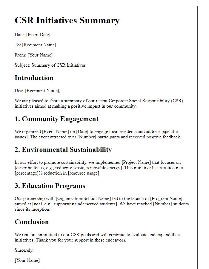 Letter template of CSR initiatives summary