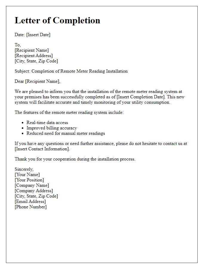 Letter template of utility remote meter reading installation completion.