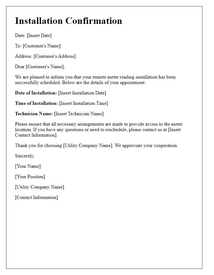 Letter template of utility remote meter reading installation confirmation.