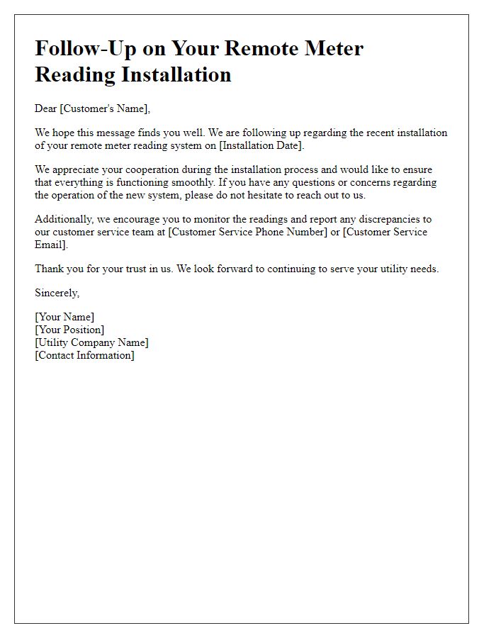 Letter template of utility remote meter reading installation follow-up.