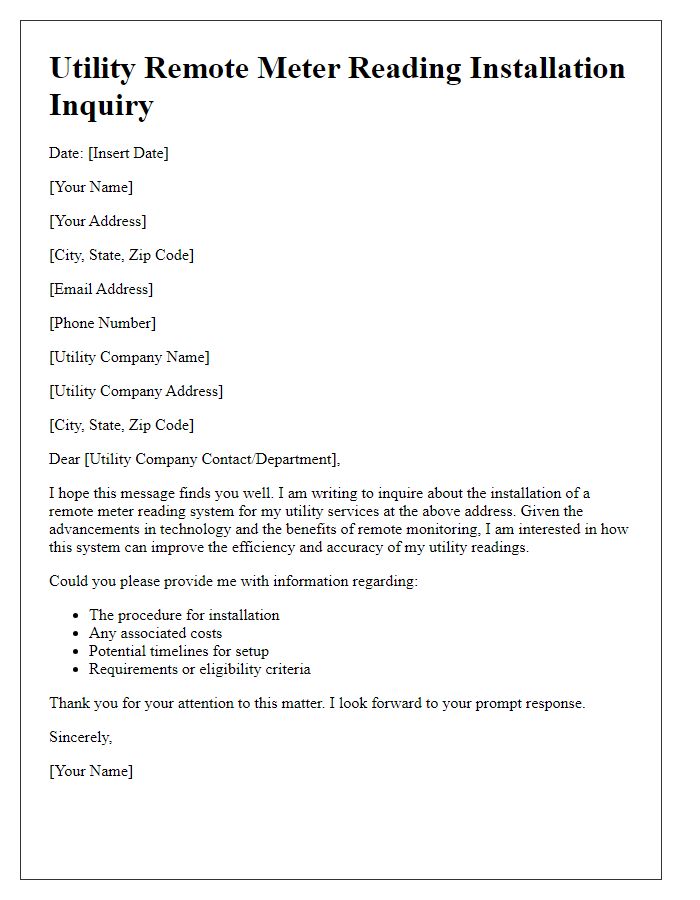 Letter template of utility remote meter reading installation inquiry.