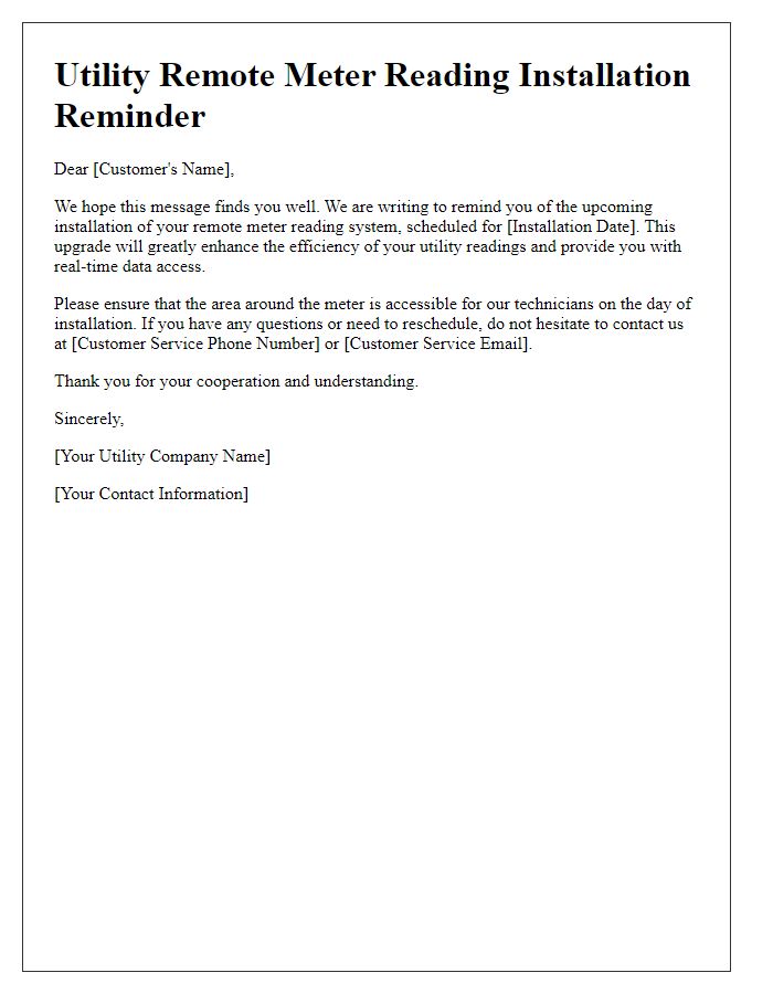 Letter template of utility remote meter reading installation reminder.