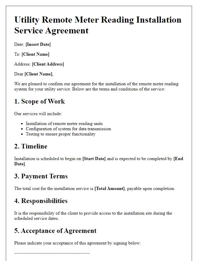 Letter template of utility remote meter reading installation service agreement.