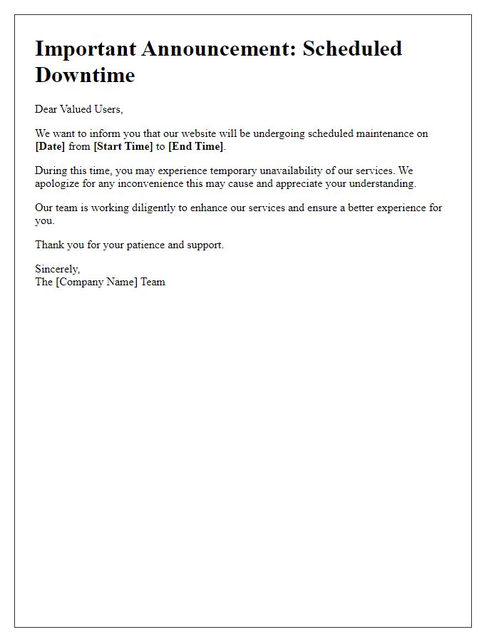 Letter template of site downtime announcement.