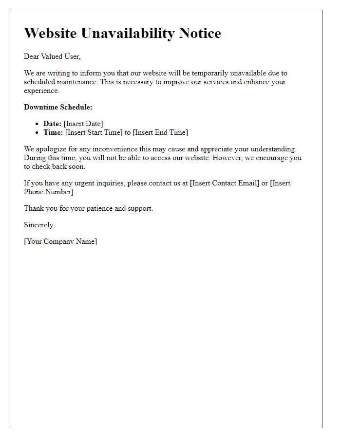 Letter template of temporary website unavailability message.