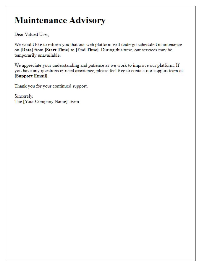 Letter template of web platform maintenance advisory.