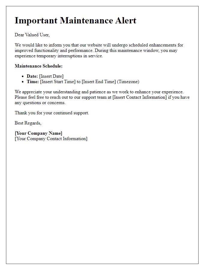 Letter template of website enhancement maintenance alert.