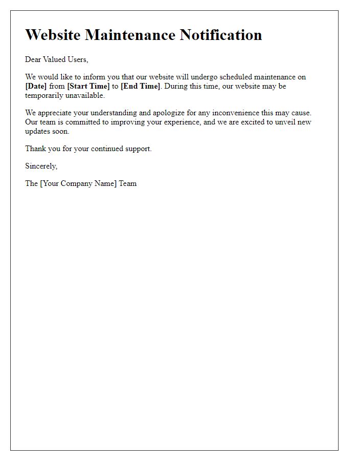 Letter template of website maintenance notification.