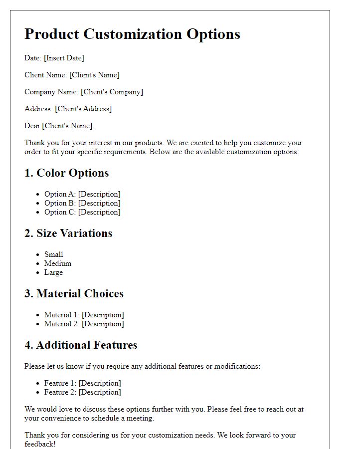 Letter template of product customization options for client briefing