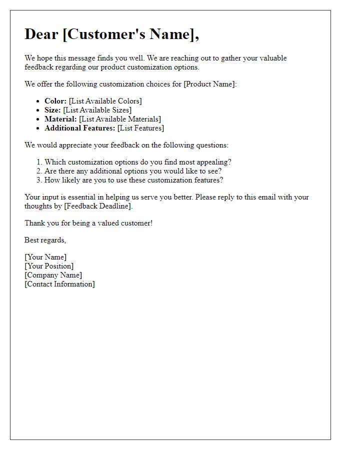 Letter template of product customization options for customer feedback