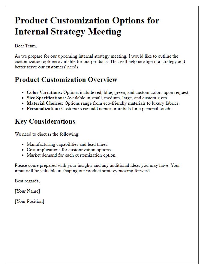 Letter template of product customization options for internal strategy meeting