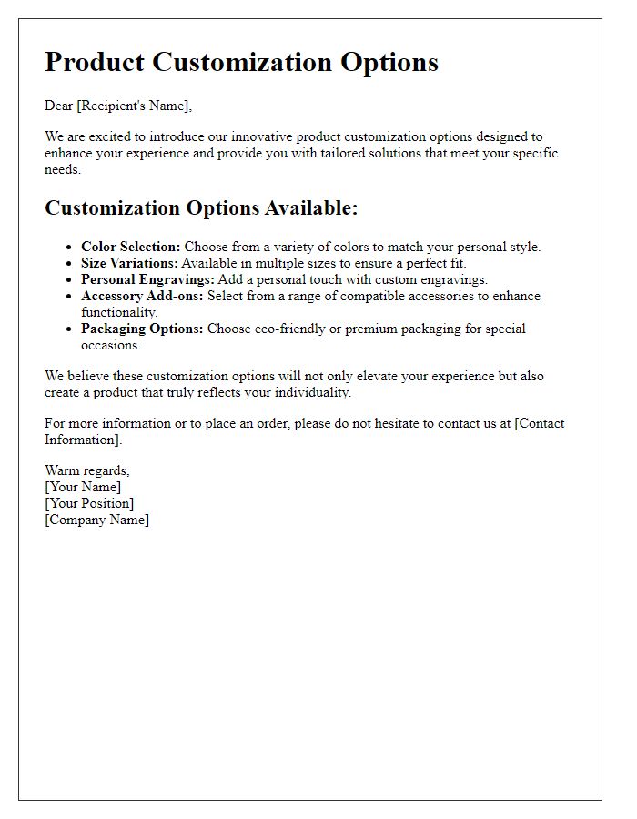 Letter template of product customization options for marketing presentation