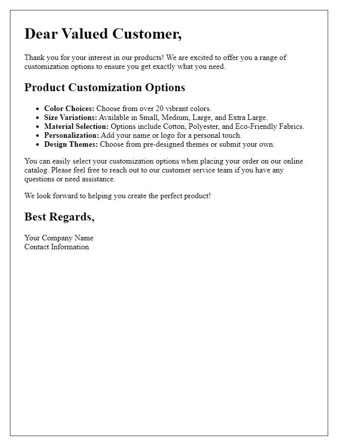 Letter template of product customization options for online catalog