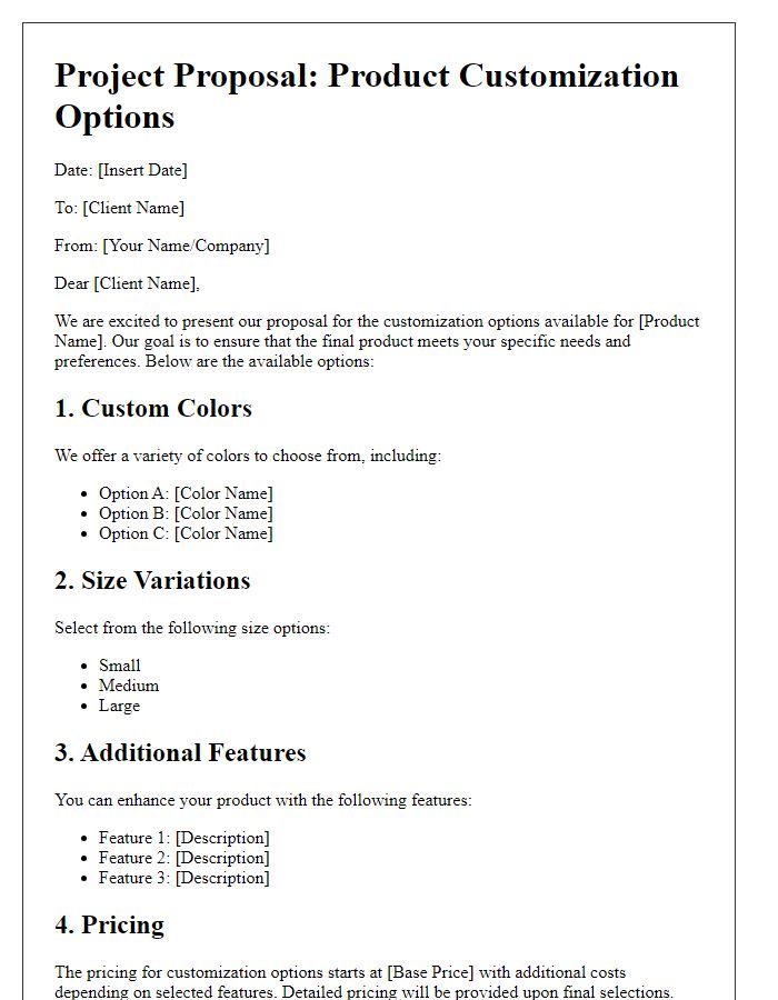 Letter template of product customization options for project proposal