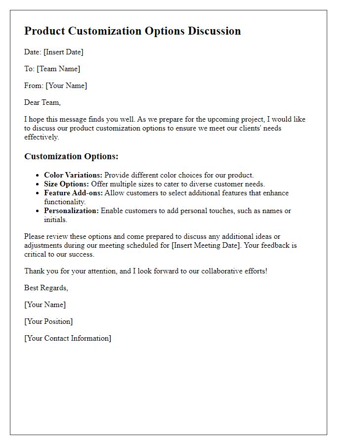 Letter template of product customization options for team discussion