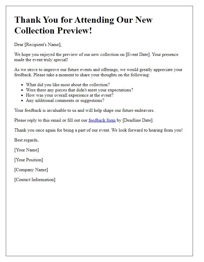 Letter template of feedback request post new collection preview event