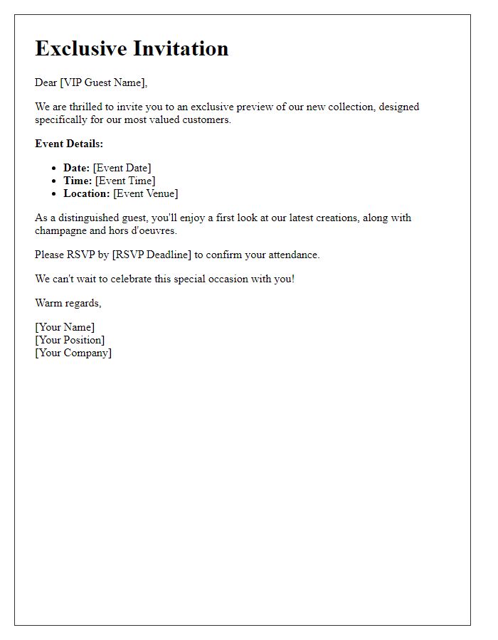 Letter template of VIP access for new collection preview event