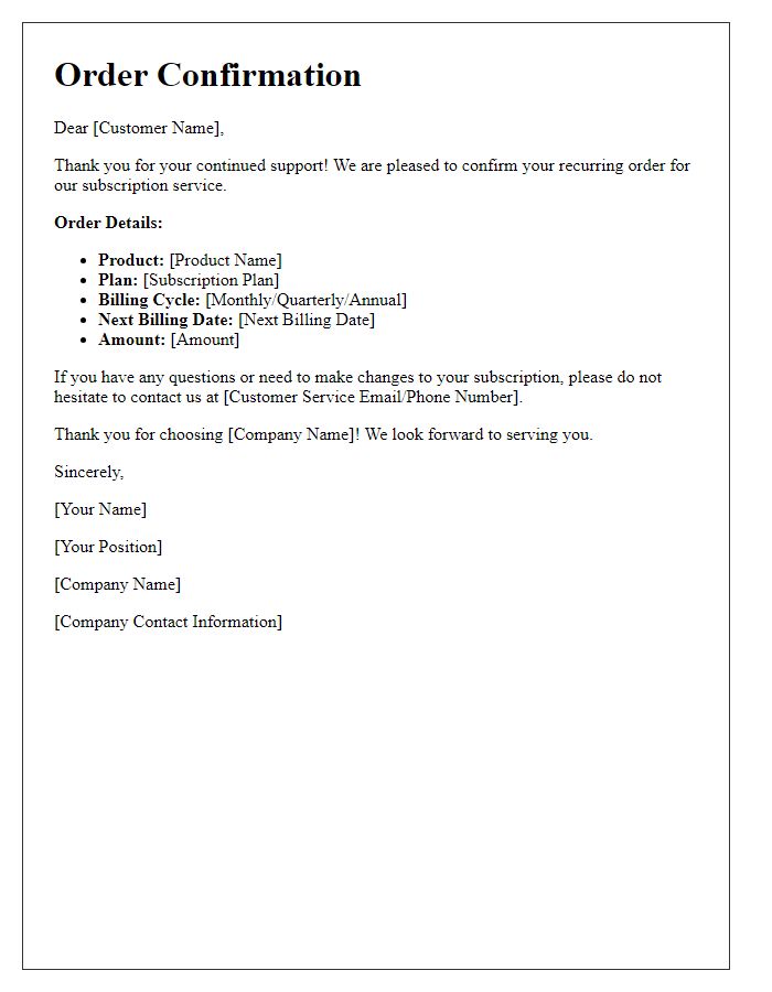 Letter template of recurring order confirmation for subscription service.