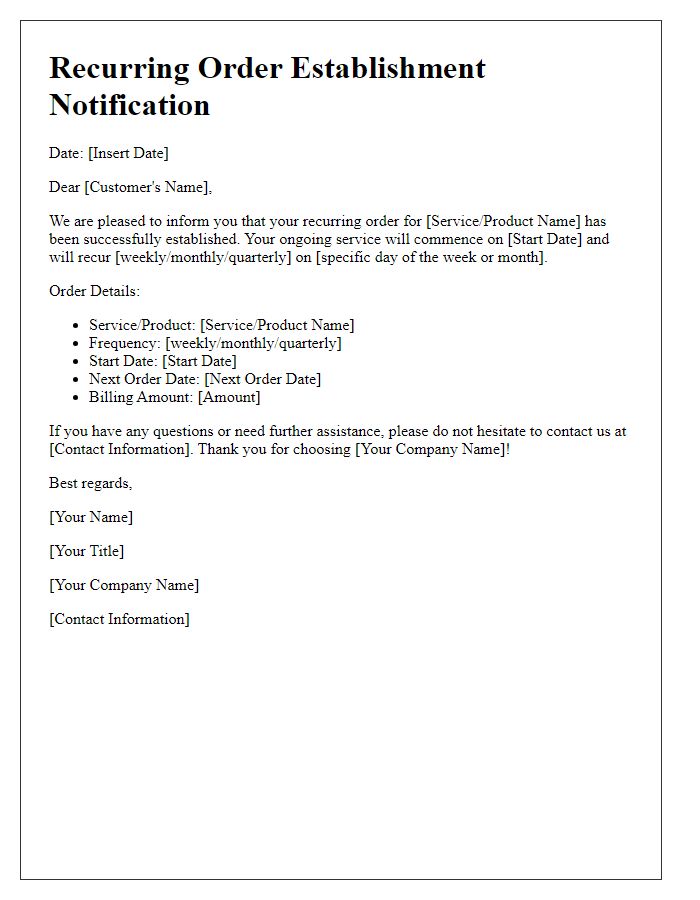 Letter template of recurring order establishment notification for ongoing service.