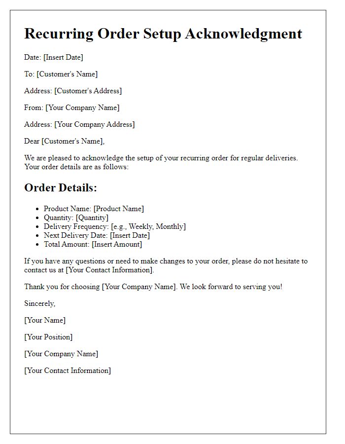 Letter template of recurring order setup acknowledgment for regular deliveries.