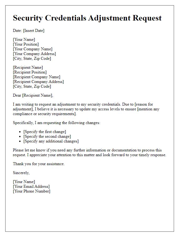 Letter template of security credentials adjustment