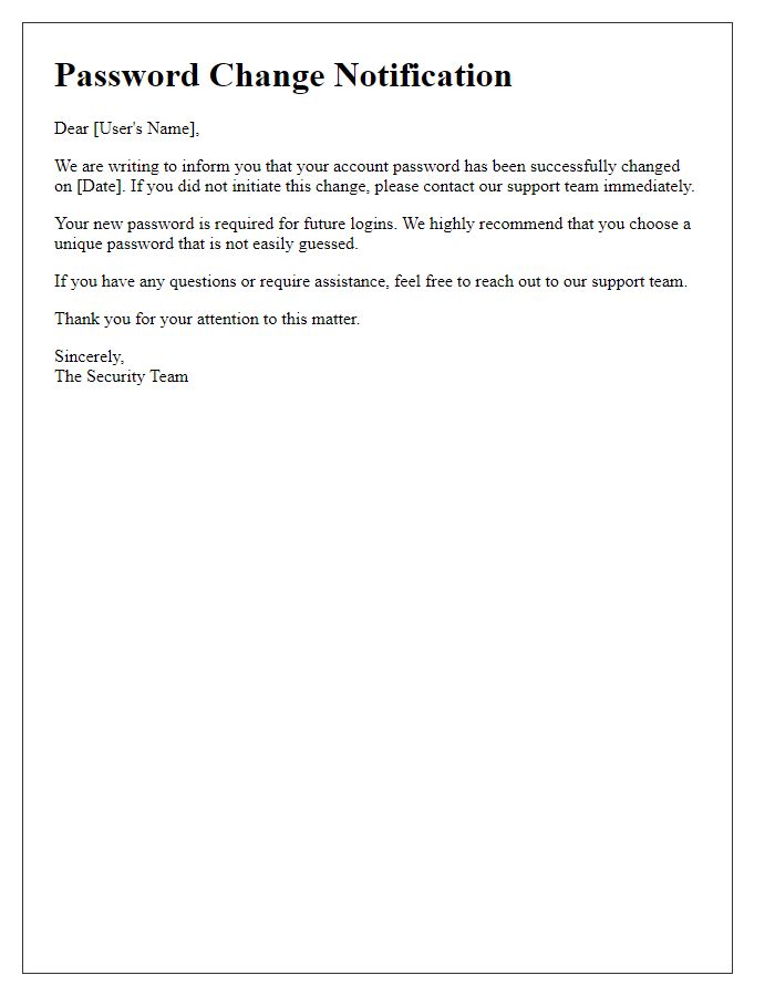 Letter template of security password change alert