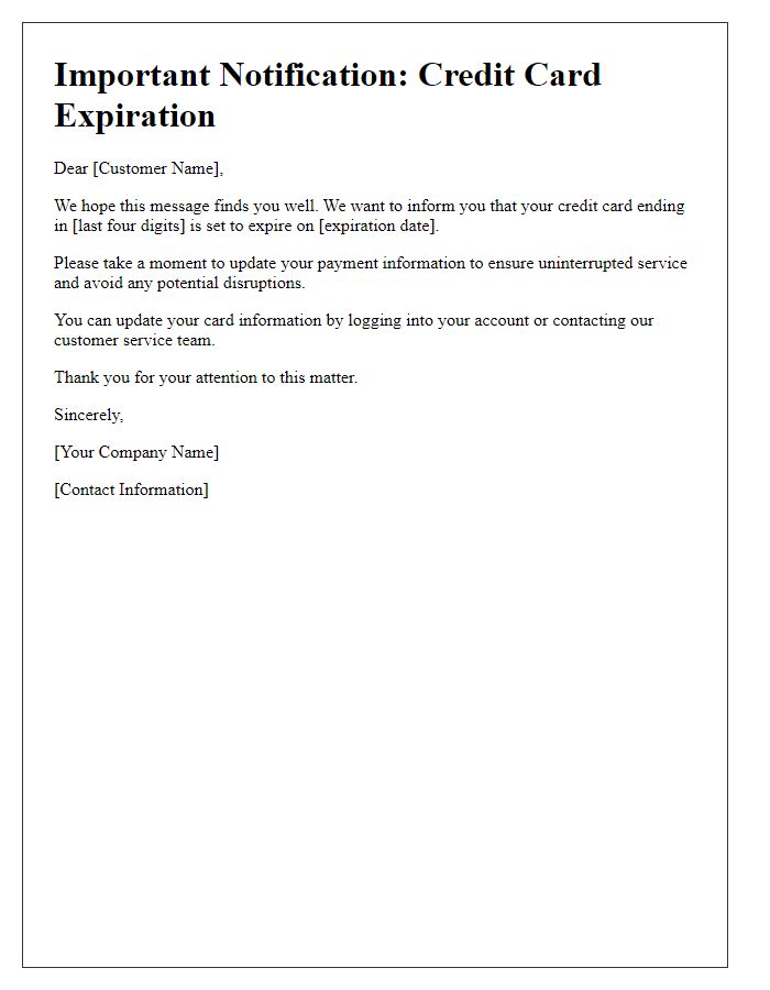 Letter template of notification for credit card expiration