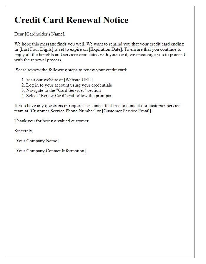 Letter template of renewal notice for expiring credit card