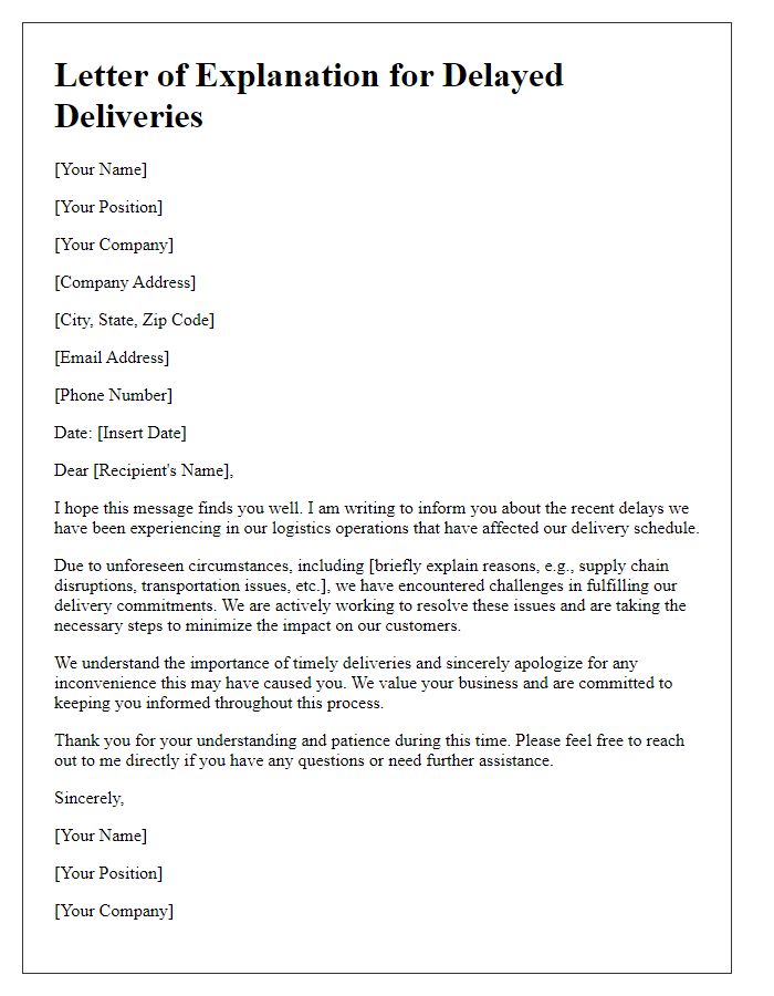 Letter template of explanation for logistics delays impacting deliveries