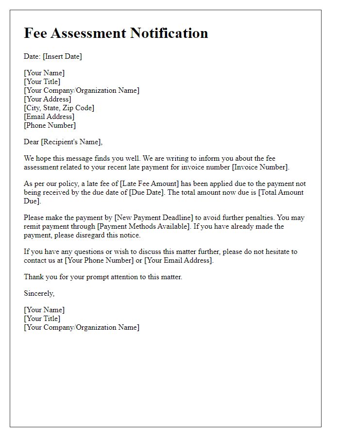 Letter template of fee assessment for late payment