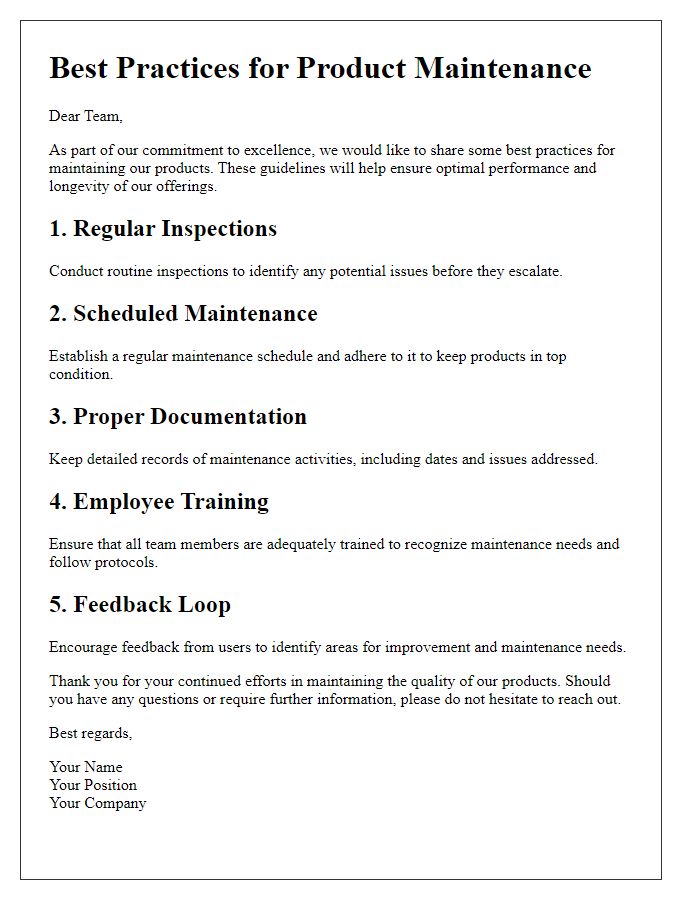 Letter template of Best Practices for Product Maintenance