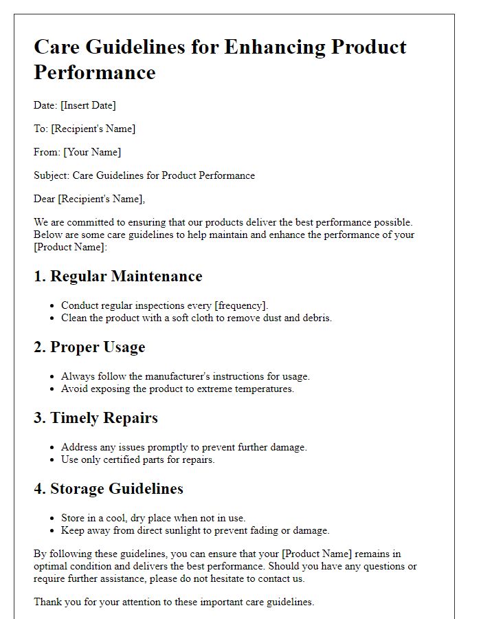 Letter template of Care Guidelines for Enhancing Product Performance