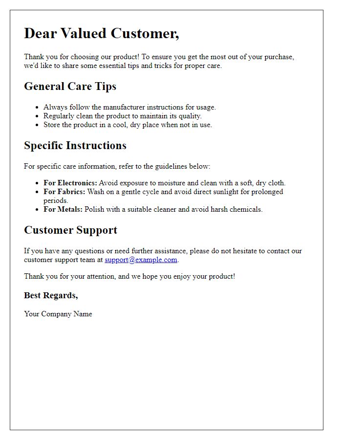 Letter template of Caring for Your Product: Tips and Tricks