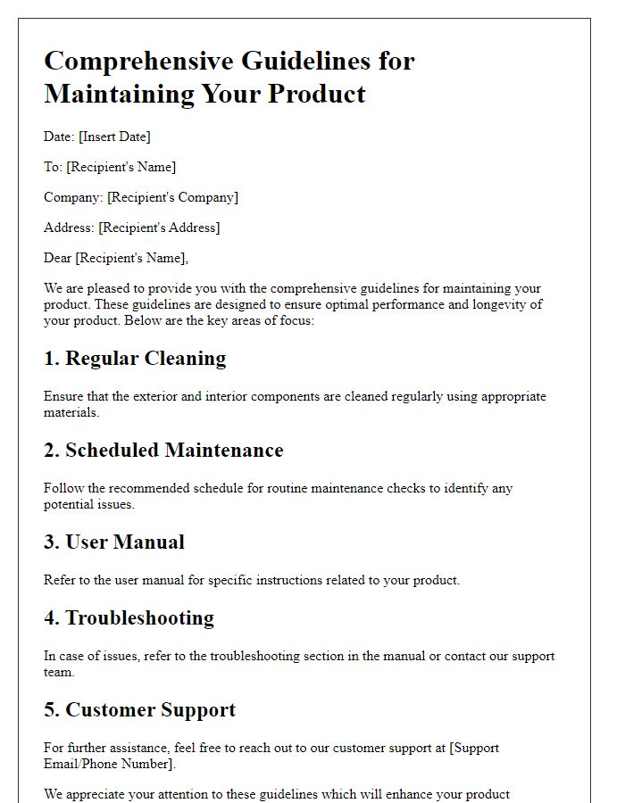 Letter template of Comprehensive Guidelines for Maintaining Your Product