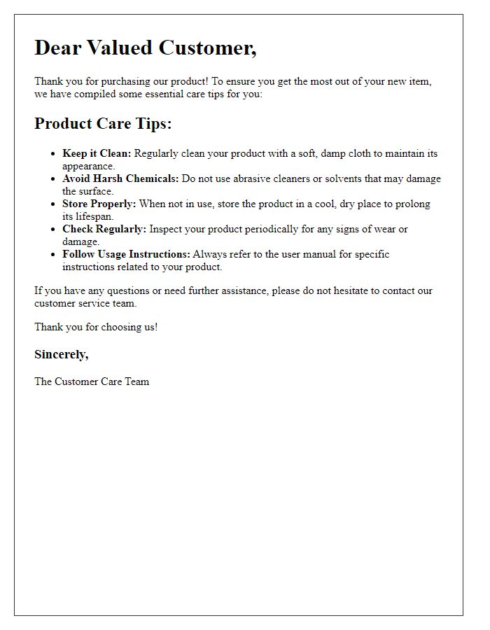 Letter template of Essential Product Care Tips for Customers