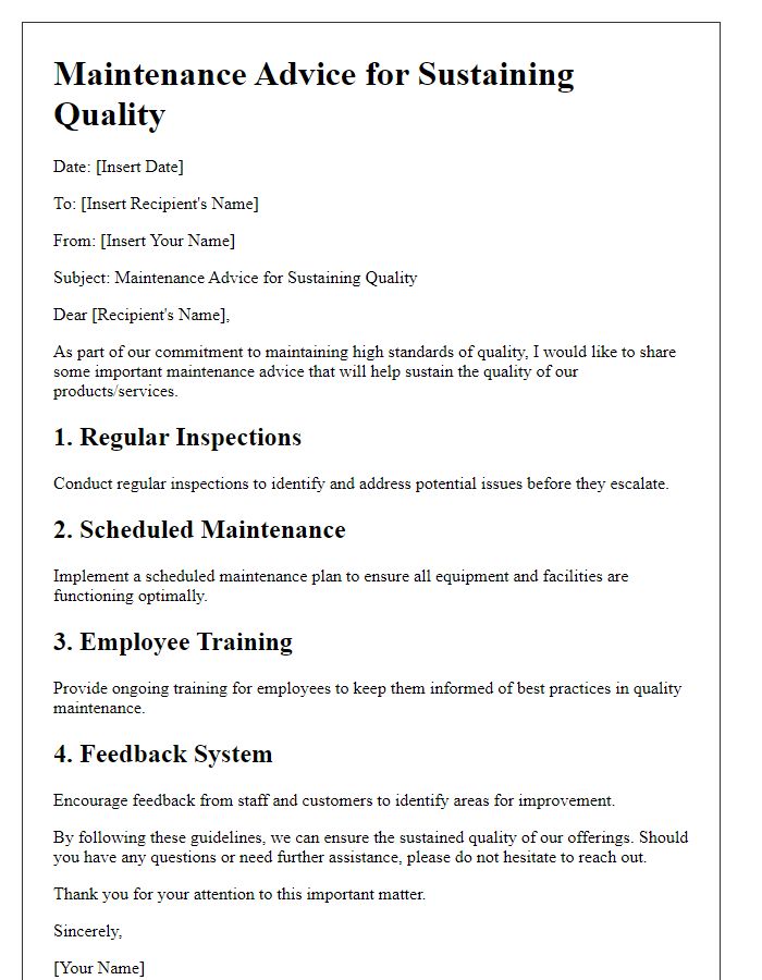 Letter template of Maintenance Advice for Sustaining Quality