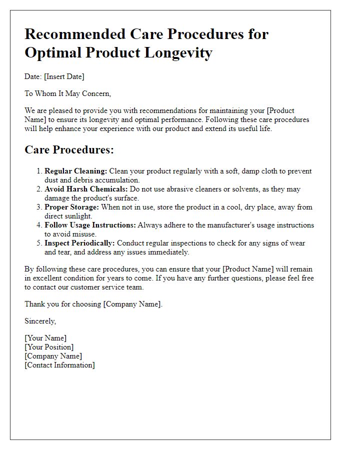 Letter template of Recommended Care Procedures for Optimal Product Longevity