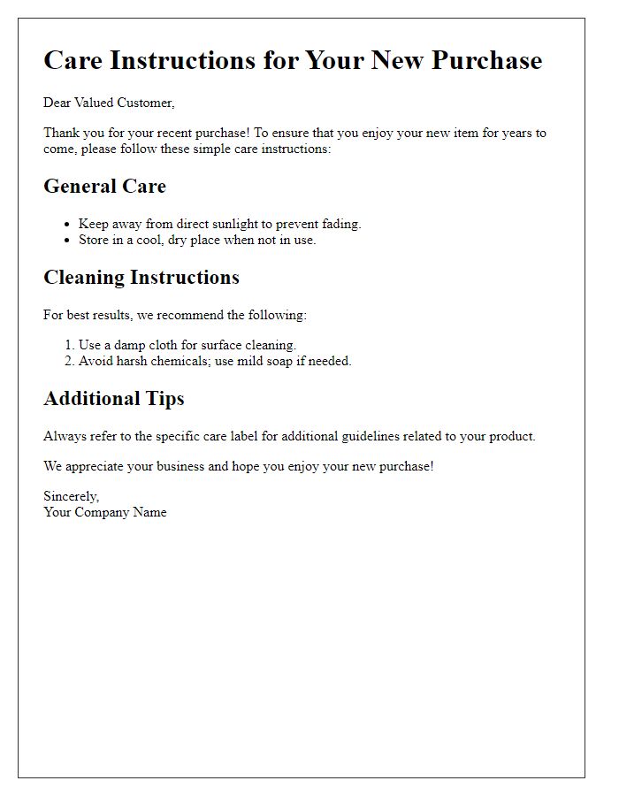 Letter template of User-Friendly Care Instructions for Your New Purchase