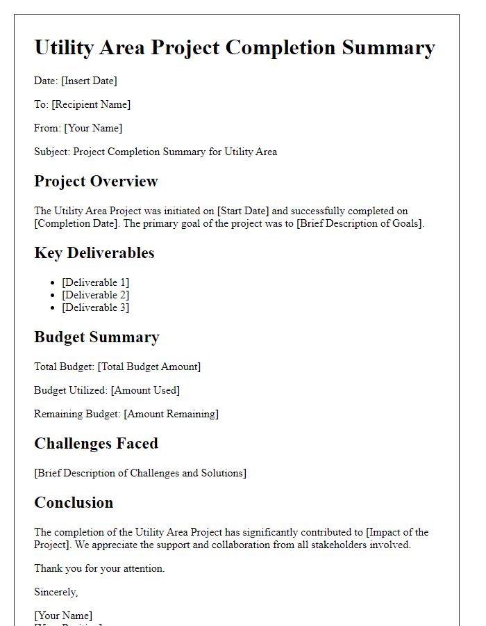 Letter template of utility area project completion summary