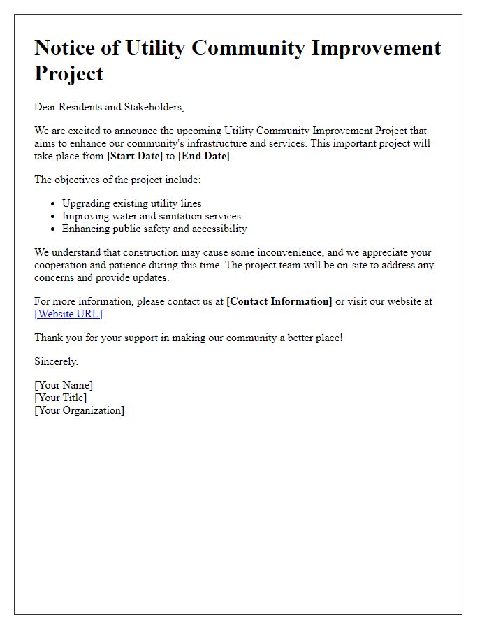 Letter template of utility community improvement project announcement